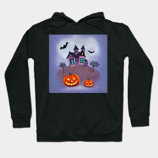 Spooky Purple Haunted House With Three Horned Bats and Pumpkins digital painting Hoodie